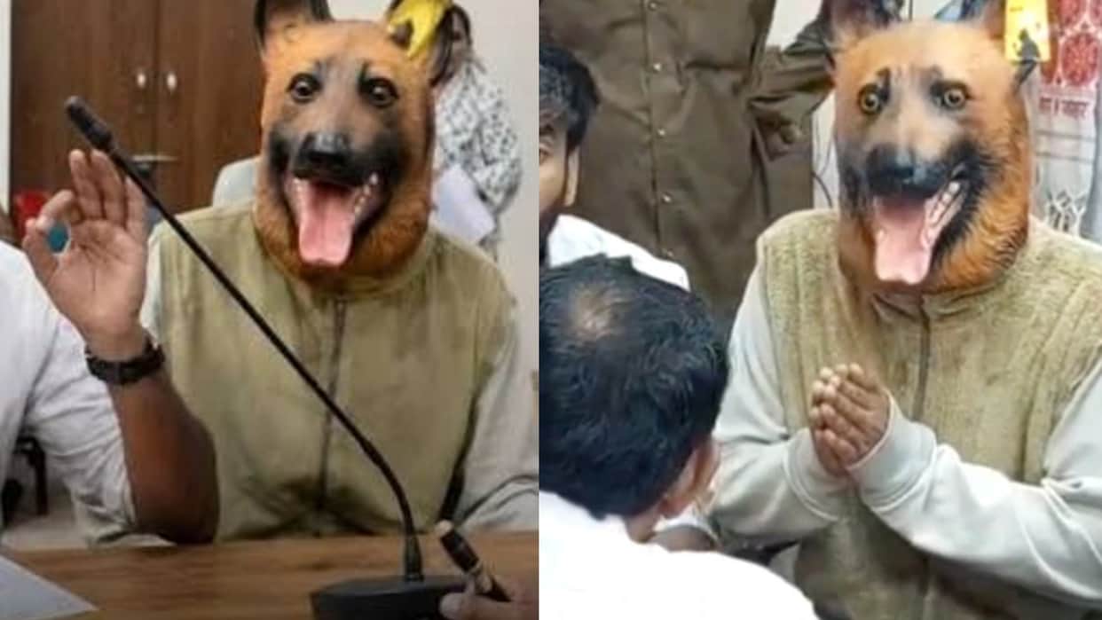 MP Shocking Protest Youth Enters Khandwa Collectorate Wearing Dog Mask Video viral on internet