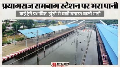 प्रयागराज रामबाग रेलवे स्टेशन पर भरा बारिश का पानी।