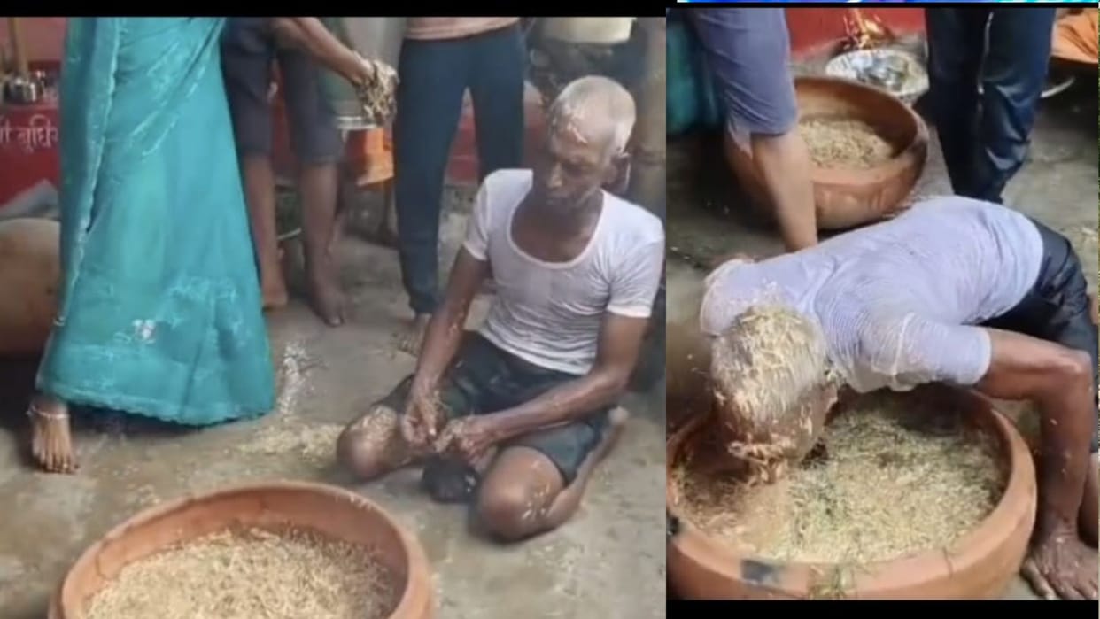 Crowd gathers in Maharajganj following claims that the spirit of Mahishasura has possessed an elderly man.
