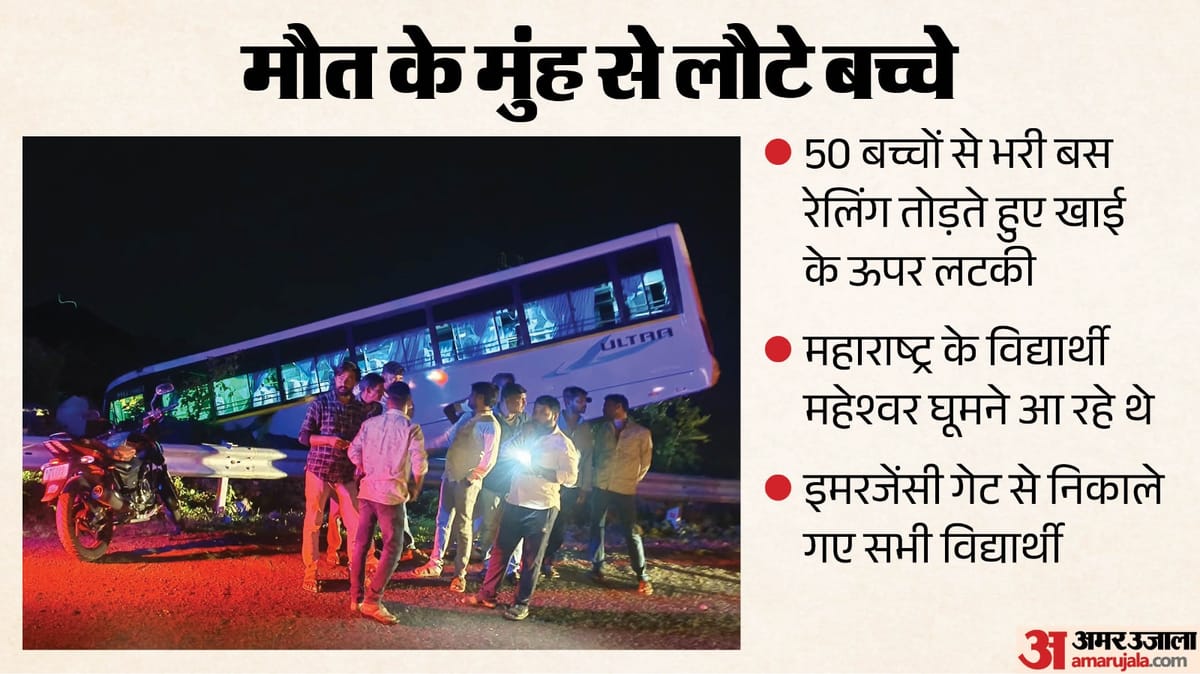 खरगोन में बड़ा हादसा टला:ब्रेक फेल होने से जामघाट पर खाई के ऊपर लटकी यात्री बस, 50 से अधिक विद्यार्थी थे सवार – Khargone Jamghat Bus Brake Fail Students Saved From Deep Gorge