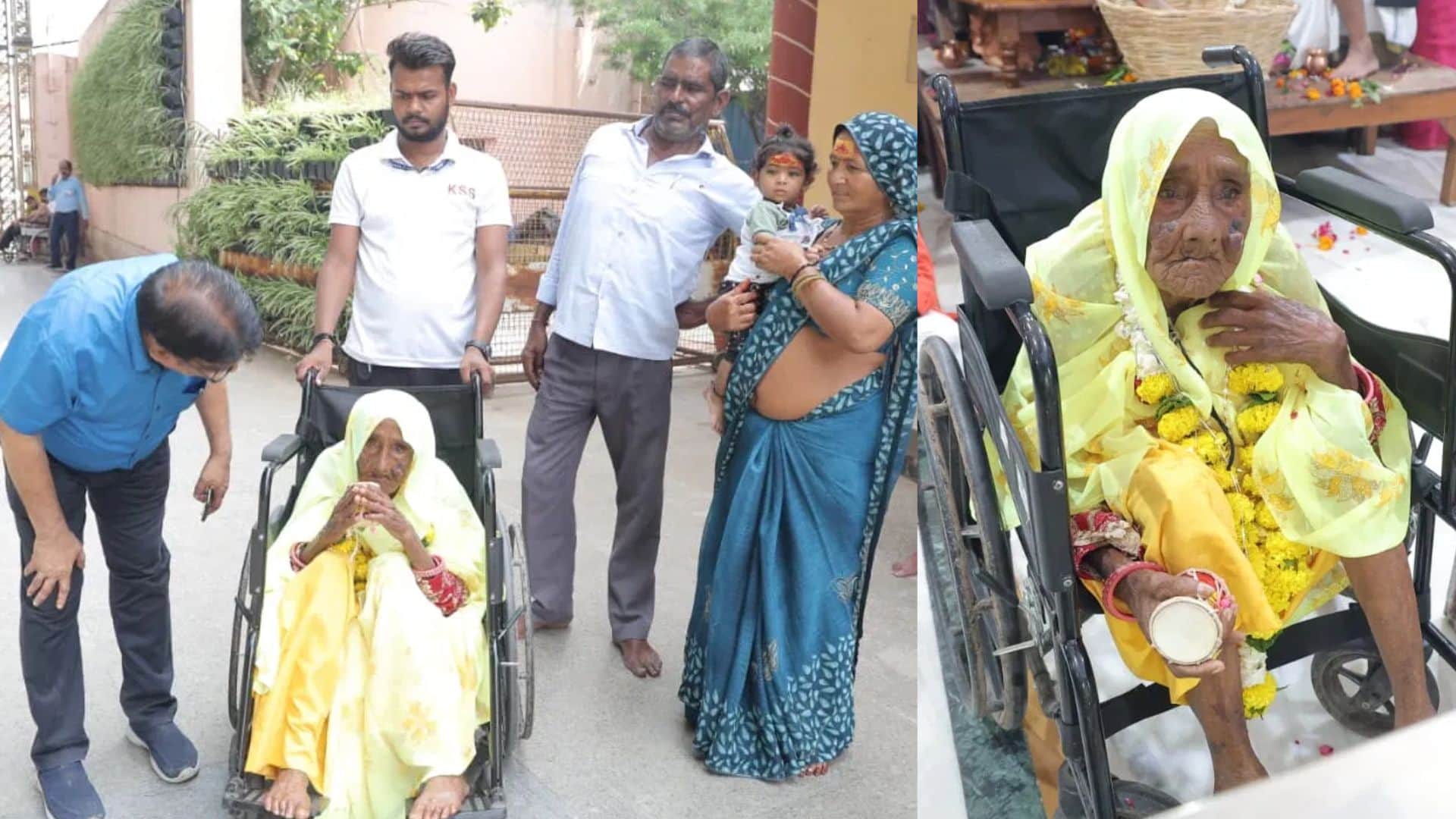 बुजुर्ग महिला ने हाथों में कांवड़ और डमरू