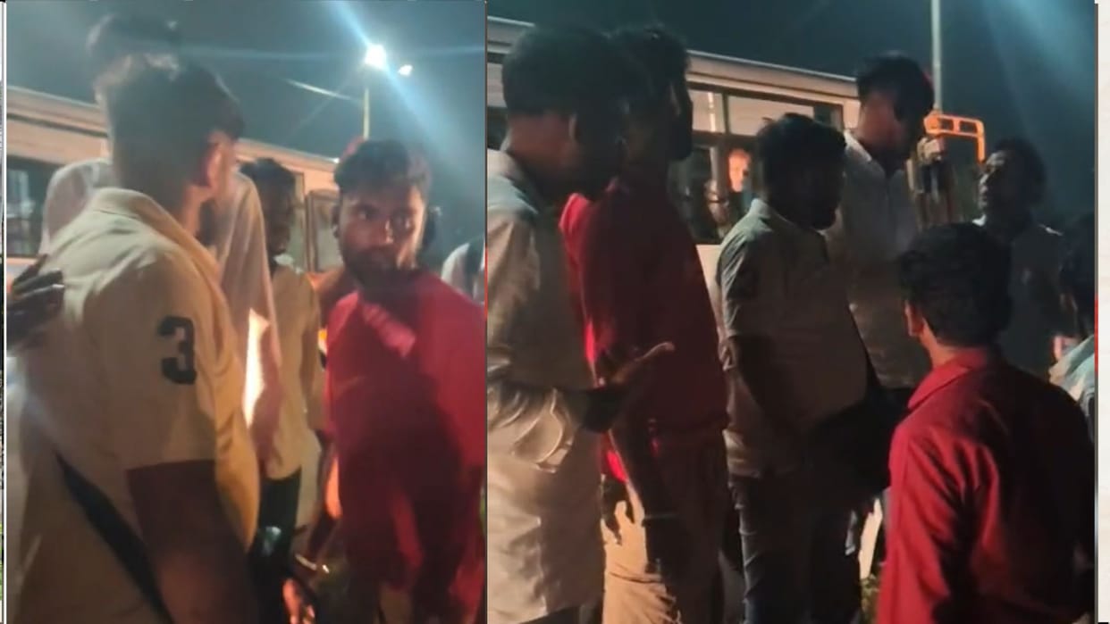 Bus stopped, commotion ensued, and stones were pelted after the driver failed to get space to overtake.