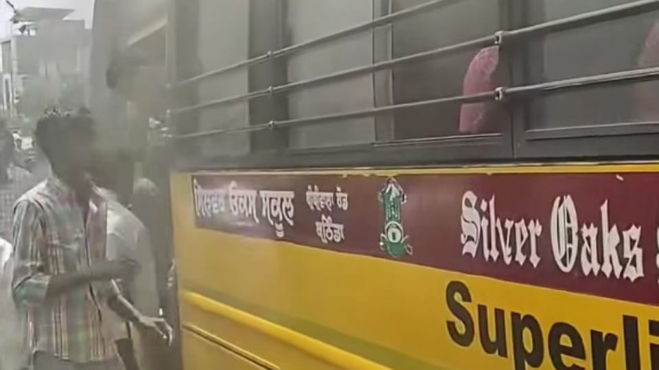 Fire breaks out in school van in Bathinda children safe driver alertness.