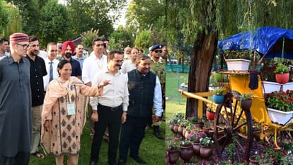 शुक्रवार को पार्क के उद्घाटन के दाैरान कलाकृति को देखते मुख्यमंत्री उमर अब्दुल्ला ।