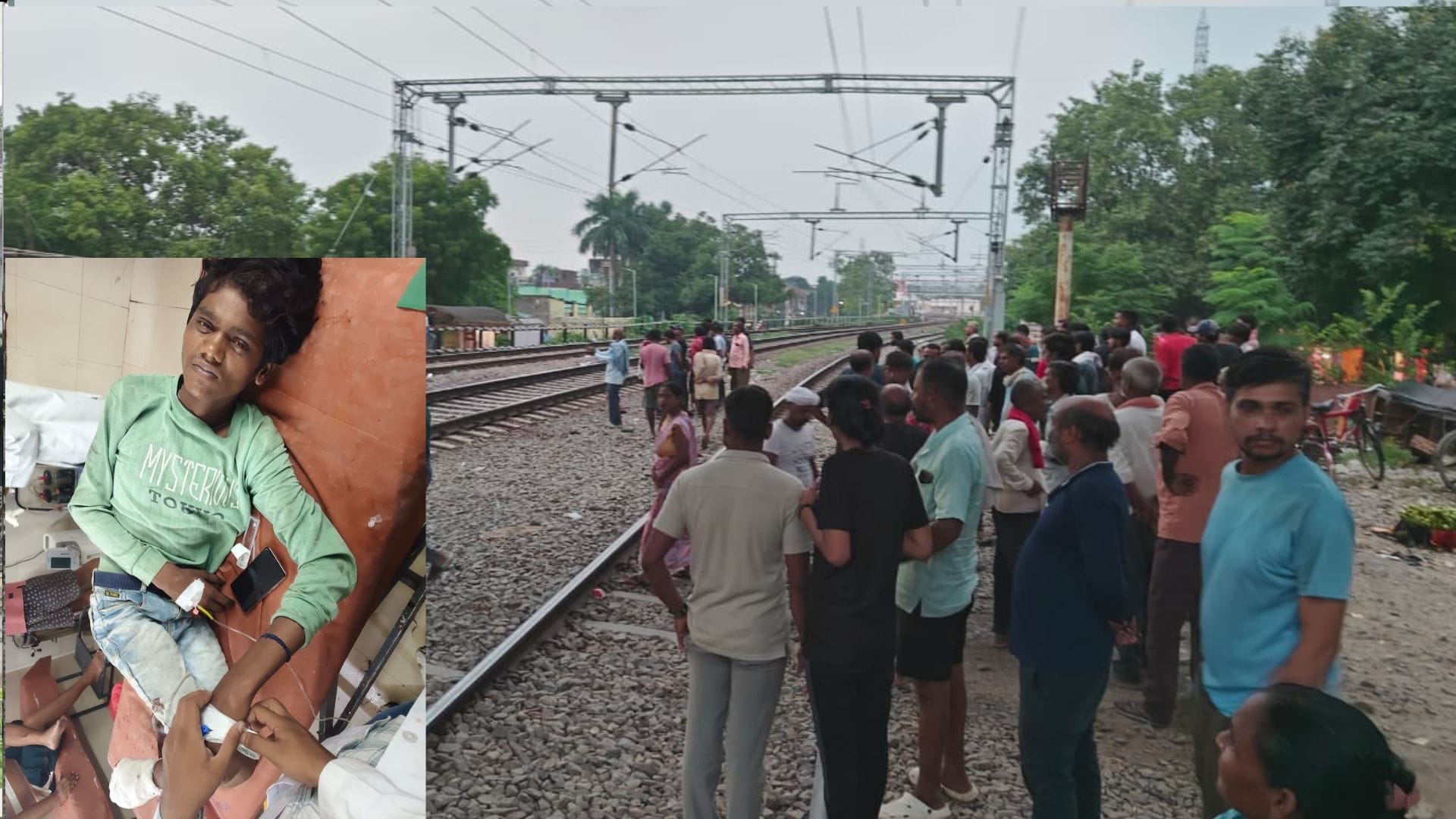 सूरजकुंड रेलवे ट्रैक पर जुटी भीड़. घायल युवक का अस्पताल में कराया गया भर्ती