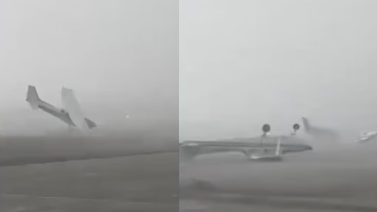 italy forli airport storm 120 wind sall panes flipped on the runway viral video