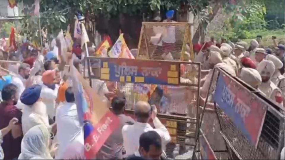 Employees gheraoed CM Mann village, Satoj, over the OPS issue
