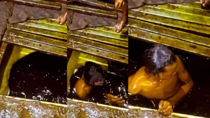सरसों के तेल के टैंक में डुबकी लगाता शख्स
