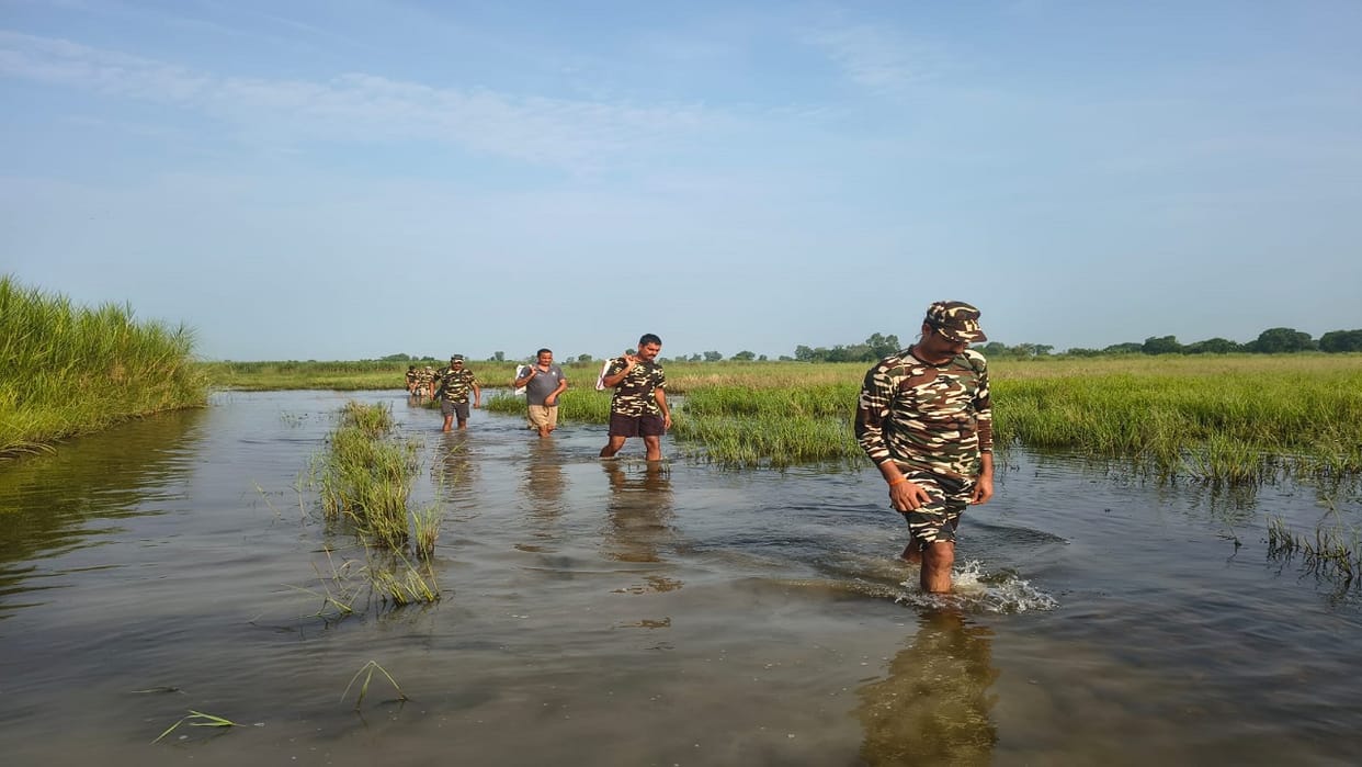 Rugged paths are brimming with water due to the rains yet SSB personnel stand guard at the Nepal border