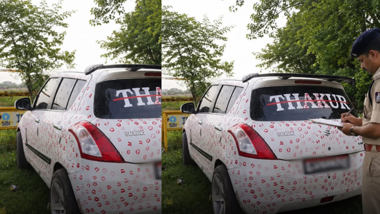 Madhya pradesh gwalior girlfriend 3400 lipstick kisses in boyfriend car police issue fine viral video
