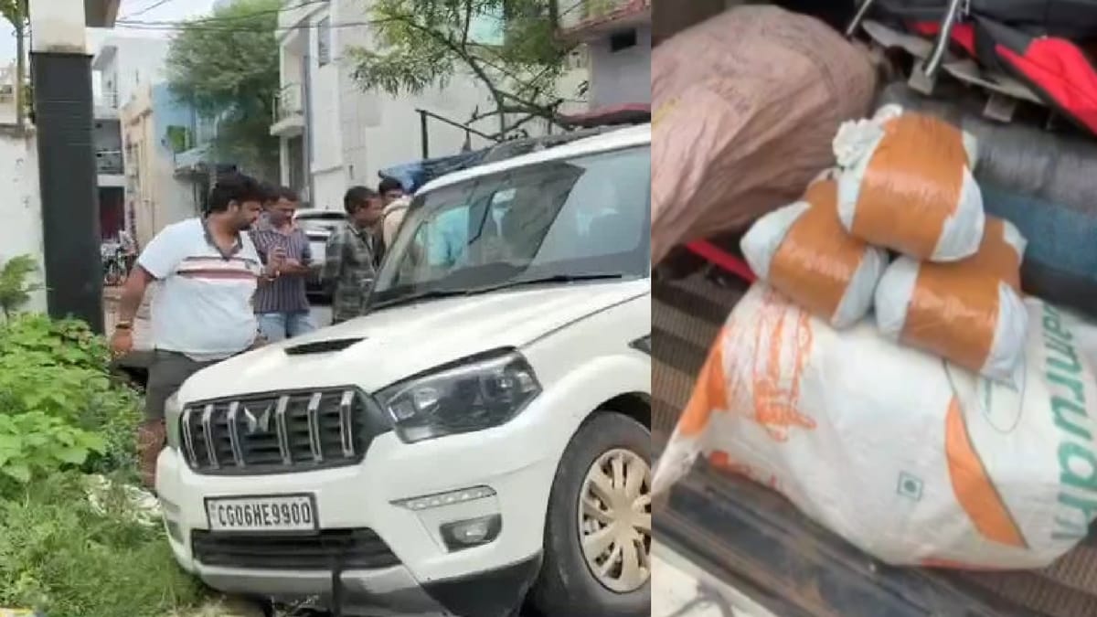 रायपुर में स्कॉर्पियो फंसी नाली में: पुलिस ने तलाशी ली तो मिला गांजा ही गांजा, 5 क्विंटल माल जब्त; चालक फरार