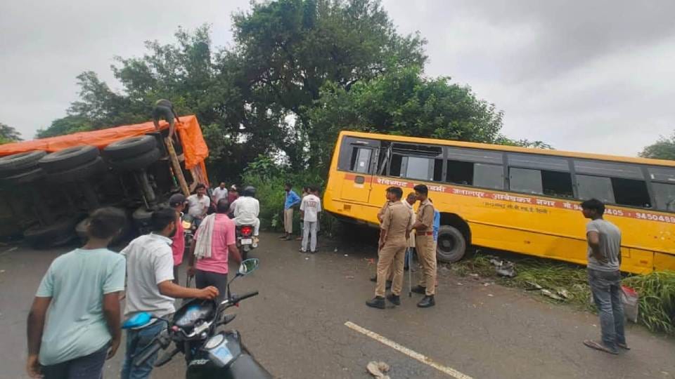 Head-on collision between sugar-laden truck and school bus in Ambedkar Nagar