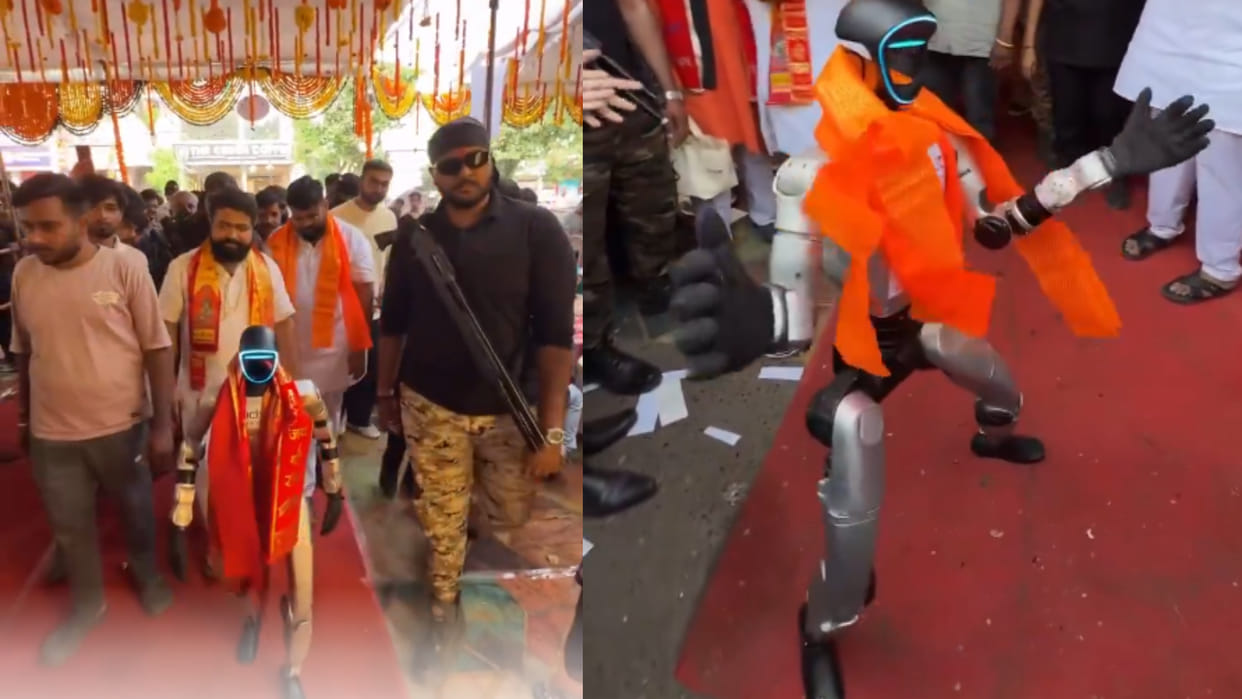 Ujjain humanoid robot arrives with bodyguards a shop inauguration ribbon cutting breaks into dance viral video