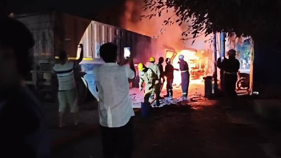 Bijnor: Massive fire breaks out after head-on collision between containers in Dhampur; two dead