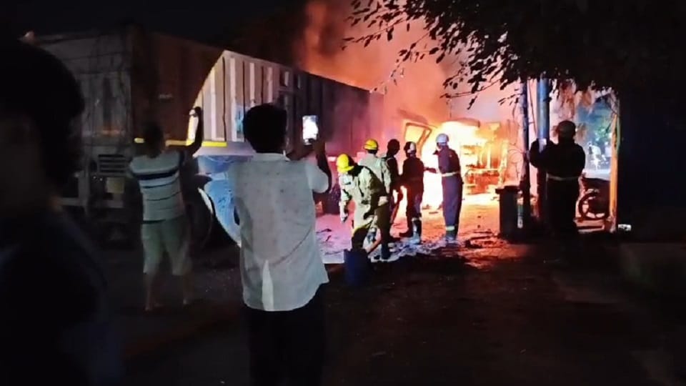 Bijnor: Massive fire breaks out after head-on collision between containers in Dhampur; two dead