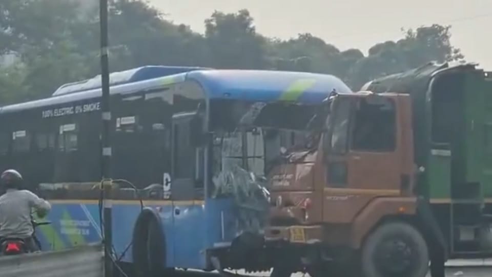 A truck collided with a DTC bus in the Delhi Cantonment area
