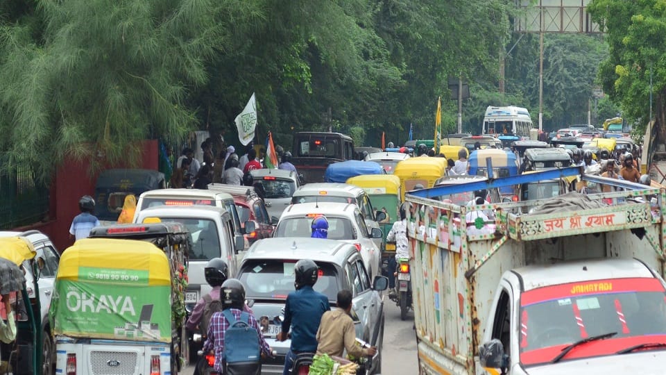 Traffic jam on highway due to waterlogging caused by rain
