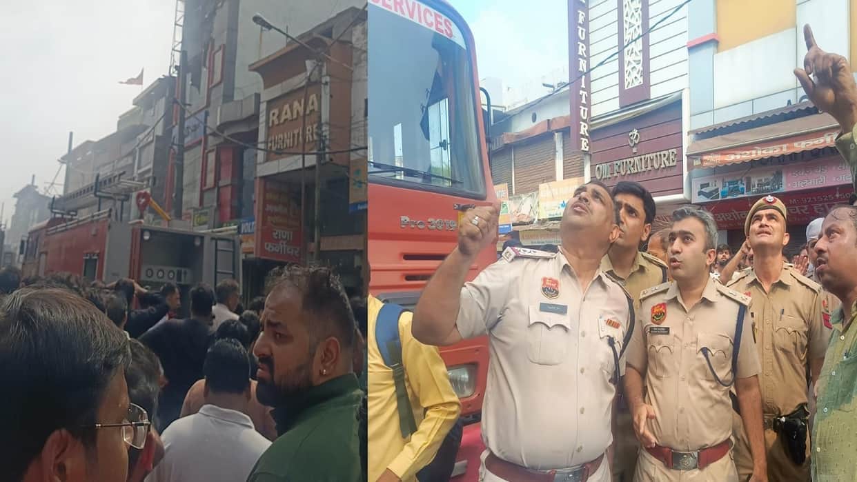 Massive fire breaks out at a mattress showroom in Rohtak; administration present at the scene