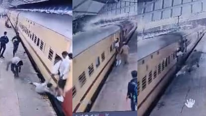 मथुरा रेलवे स्टेशन पर यात्री को बचाता सिपाही।