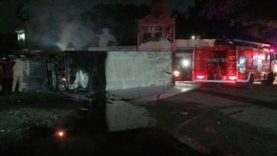 Bijnor: Massive fire breaks out after head-on collision between containers in Dhampur; two dead