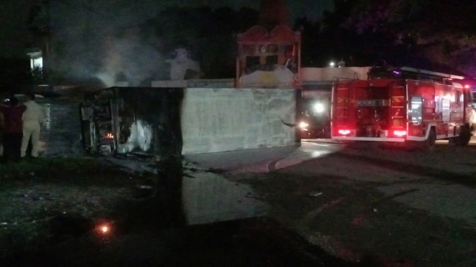Bijnor: Massive fire breaks out after head-on collision between containers in Dhampur; two dead