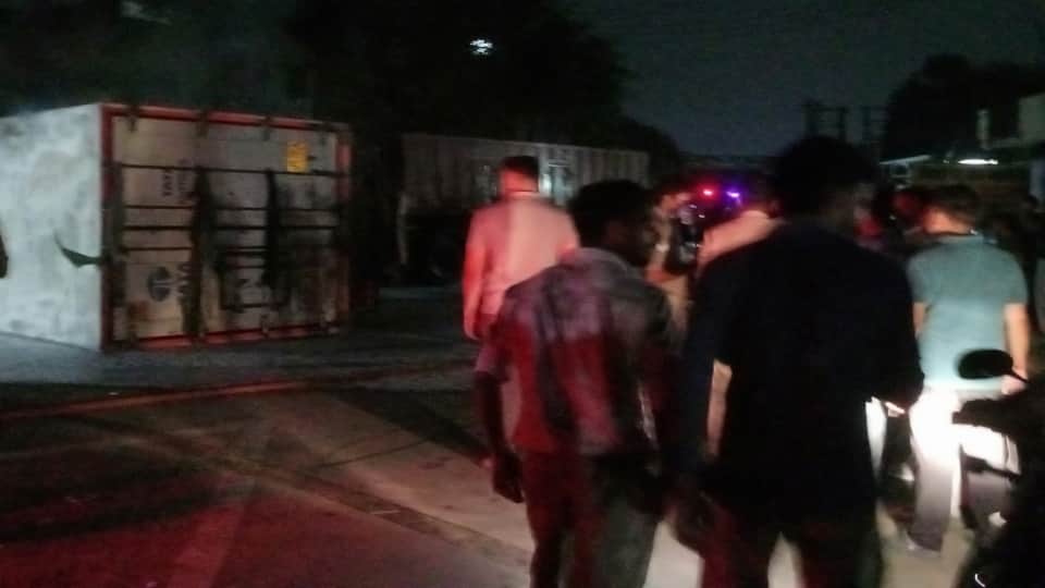 Bijnor: Massive fire breaks out after head-on collision between containers in Dhampur; two dead