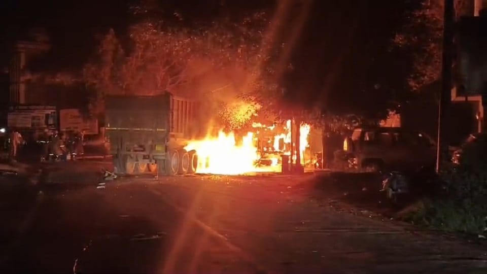 Bijnor: Massive fire breaks out after head-on collision between containers in Dhampur; two dead
