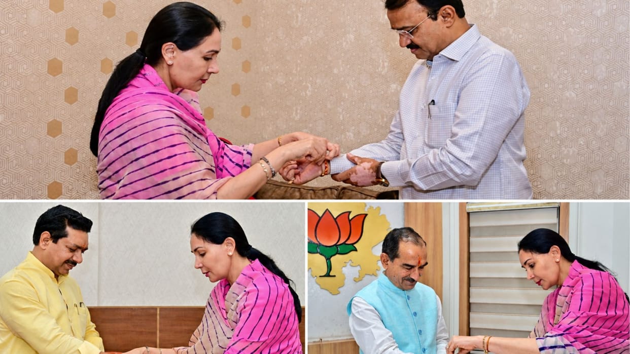 Diya Kumari tied Rakhi to Premchand Bairwa, Madan Rathore, and Ajay Kumar.