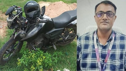 हादसे में क्षतिग्रस्त बाइक और सुरेश कुमार यादव की फाइल फोटो।