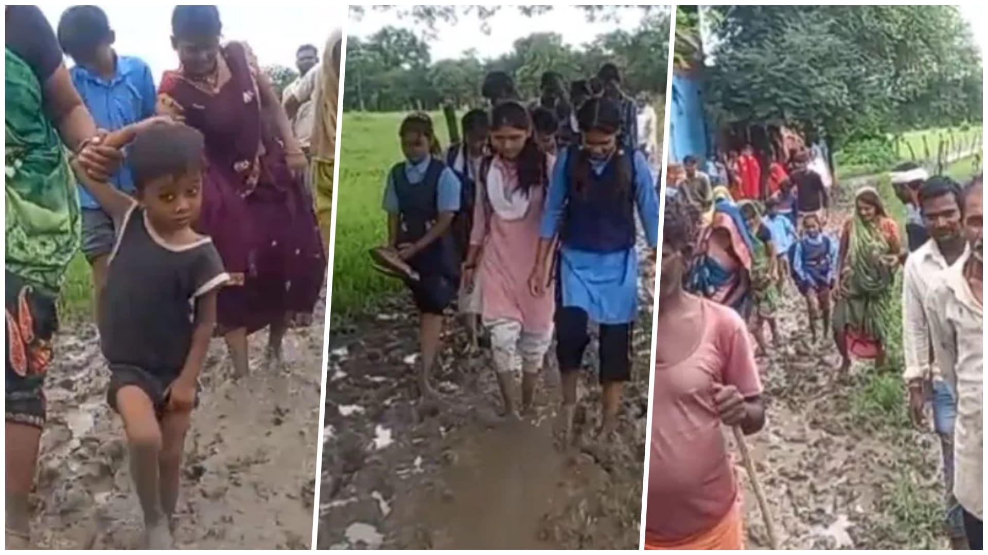 कीचड़ में से होकर स्कूल जाने को मजबूर बच्चे