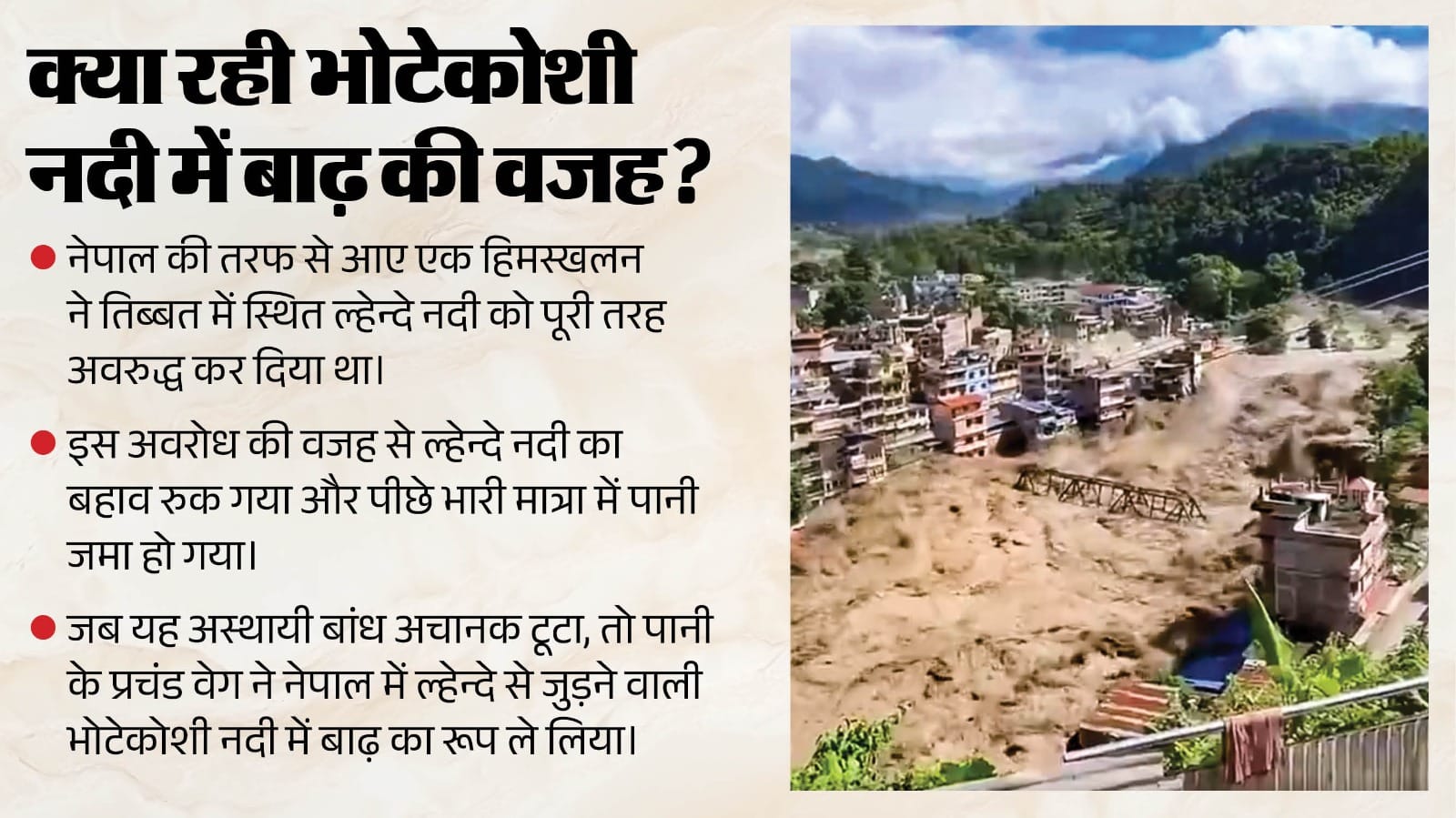 नेपाल में भोटेकोशी नदी में आई बाढ़।