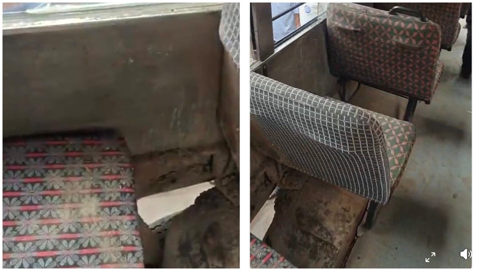 Girl neck gets stuck in a hole in the floor of a moving private school bus; her legs dangle below.