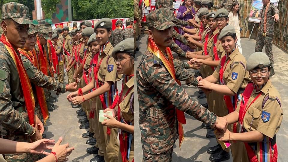 Students from Vrindavan Samvid Gurukul Sainik School tied Rakhis to soldiers at border
