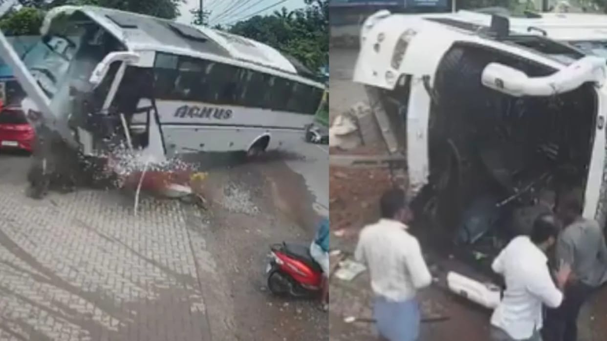Kerala bus overturns at petrol pump after driver swerves to avoid two wheeler