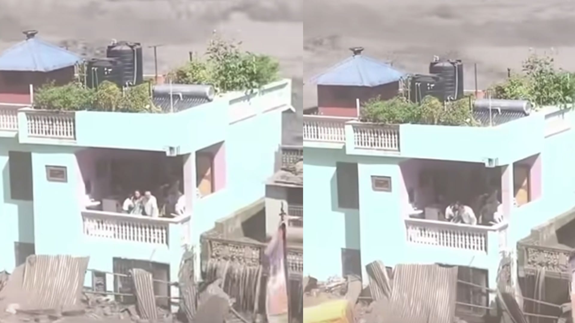 नेपाल में आई विशानकारी बाढ़ में घिरा घर, बालकनी में चीखते लोग