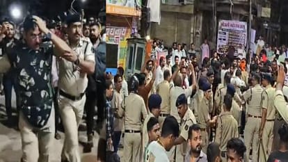 टीआई को सुरक्षा घेरे में लेकर बाहर निकालती पुलिस