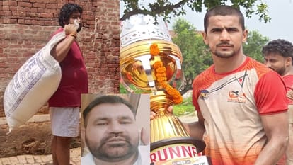 डिस्कस थ्रो खिलाड़ी आदित्य (कट्टा हाथ में) कर रहा मजदूरी, खेती कर रहे गौरव और प्रवीण (इनसेट)।