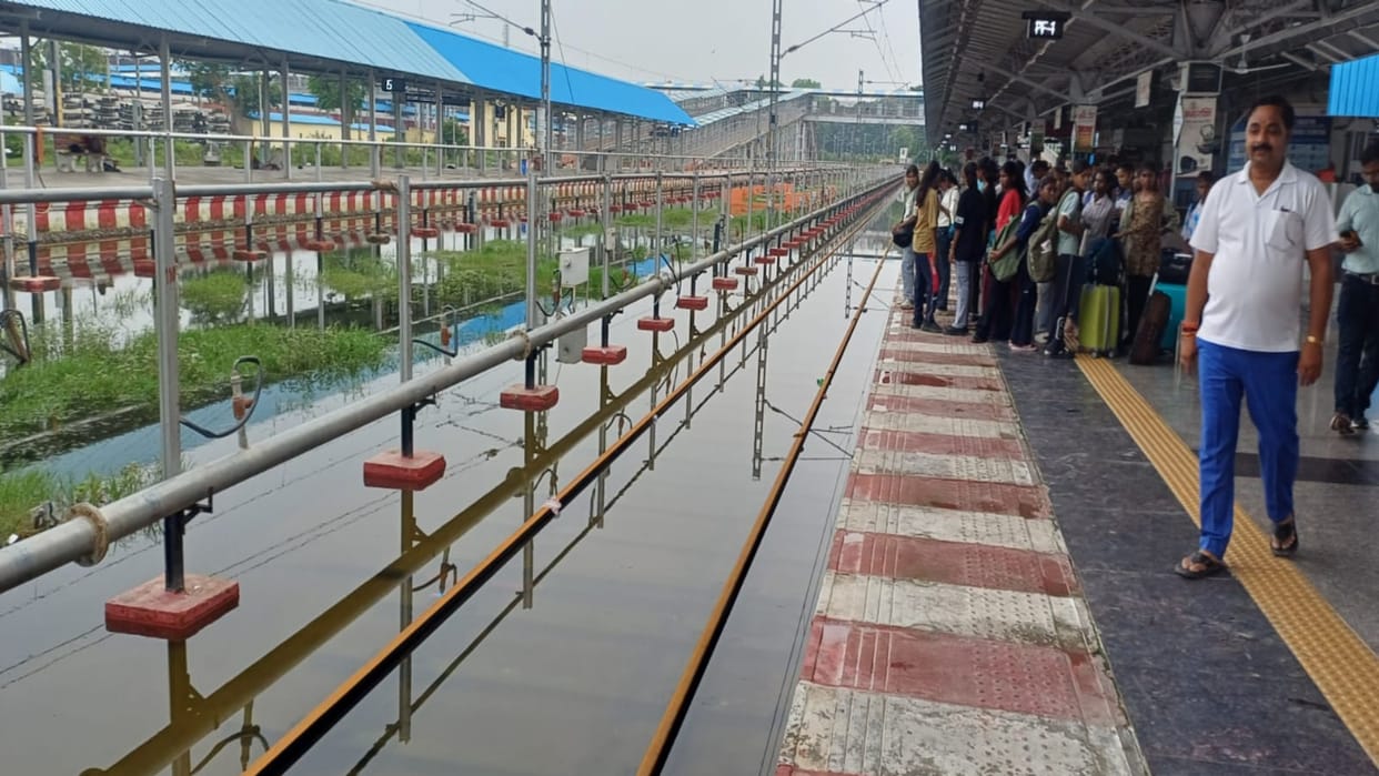 Water floods Rambagh station platform again; train operations halted, signaling system also down.