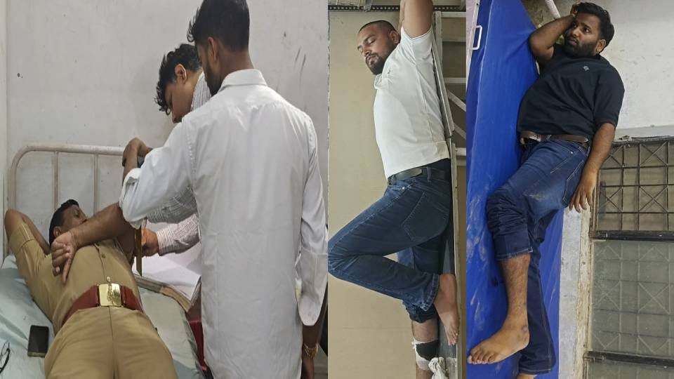 घायल क्राइम इंस्पेक्टर, और आरोपी शिवम सिंह व रतन निषाद।