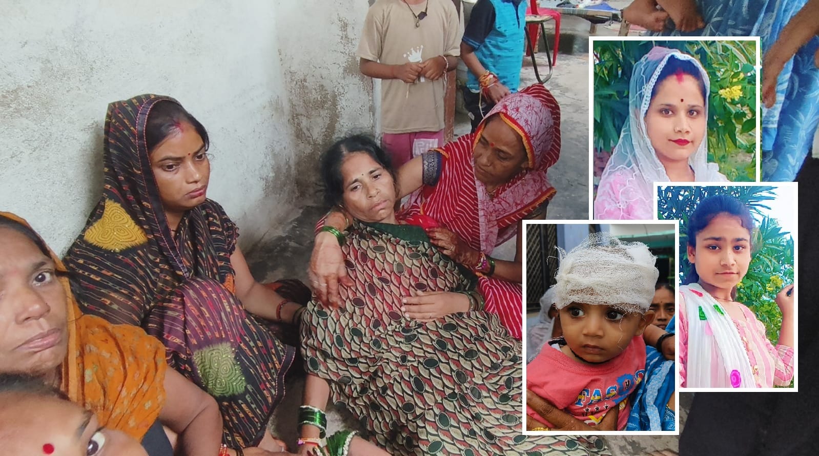 मृतक बहनों की फाइल फोटो, घायल मासूम और रोते-बिलखते परिजन