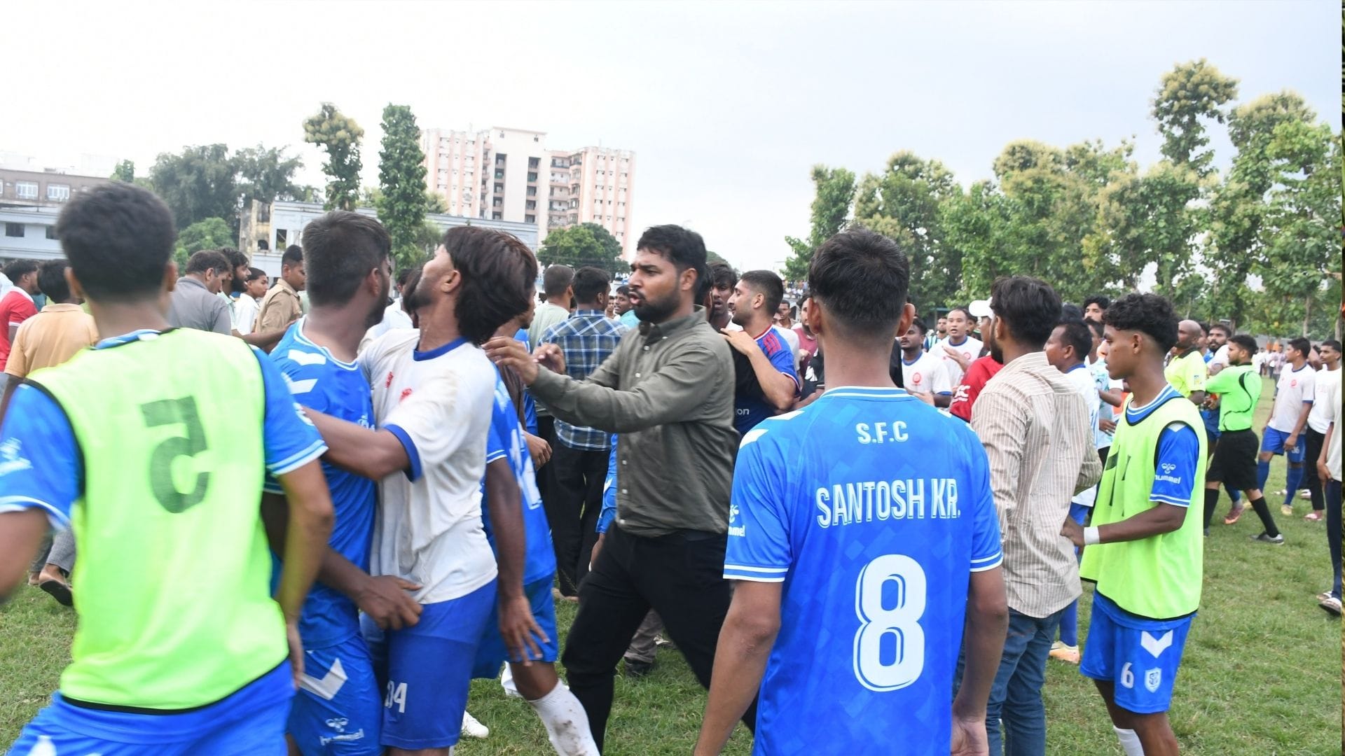 Players clash during football match at Gorakhpur's St. Andrew's College ground; final cancelled.