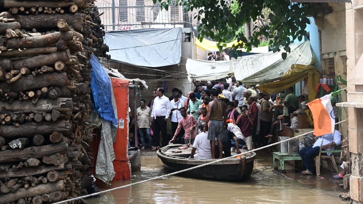 Floods in Varanasi Boats start in Manikarnika water enters alleys via old Assi Ghat route