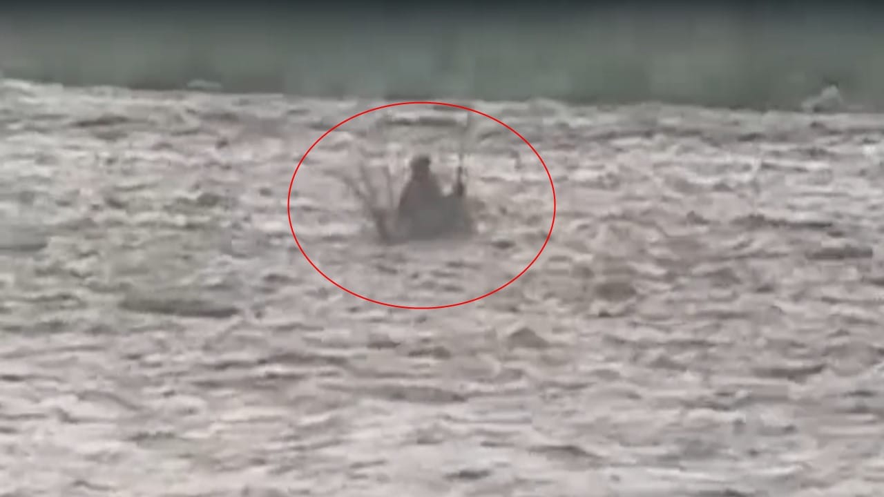 बर्मा पापड़ी में नदी के बीच फंसे दो लोग।