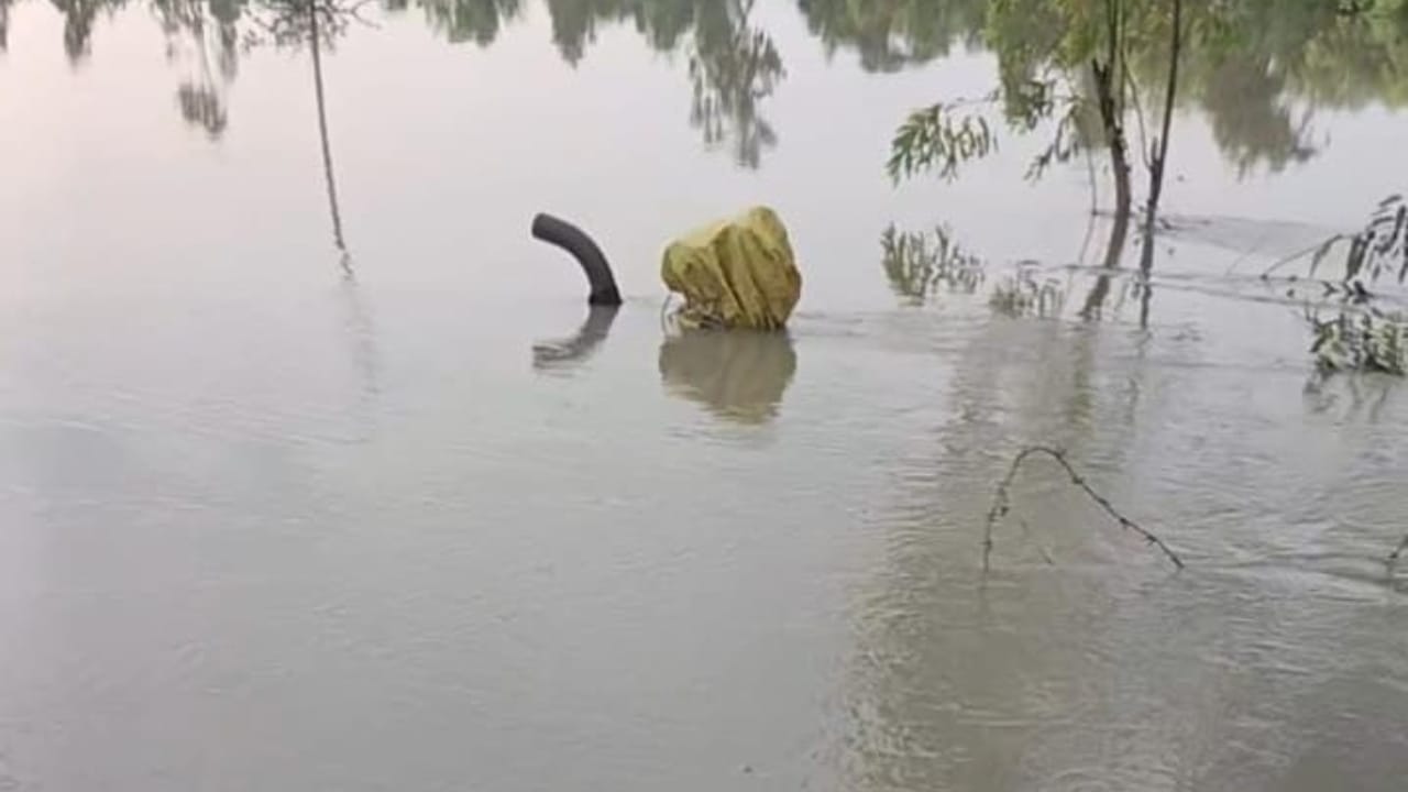 खेतों में भरा बाढ़ का पानी