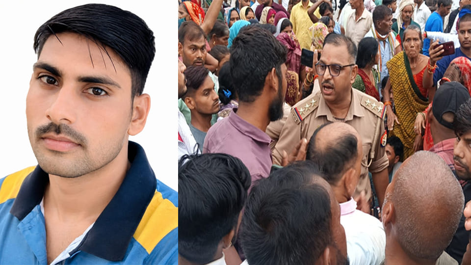 मृतक की फाइल फोटो व परिजनों को समझाती पुलिस