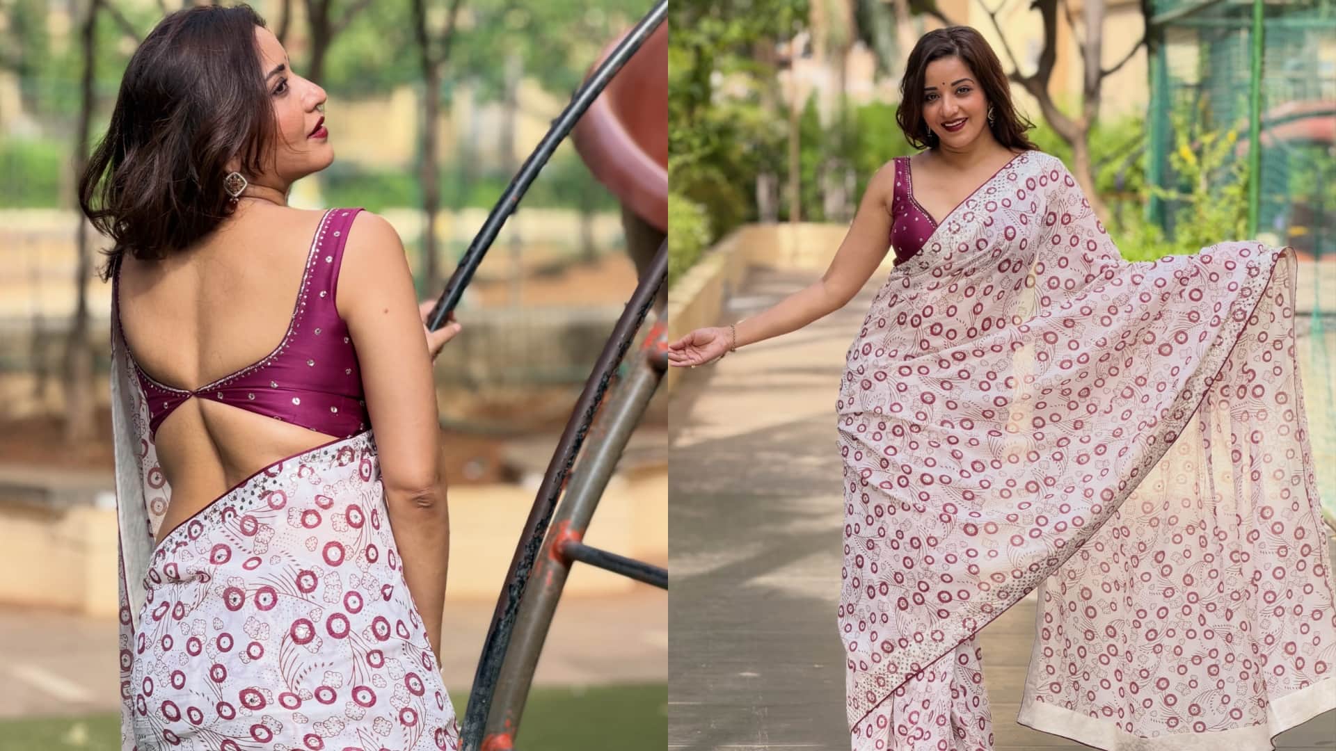 Monalisa give pose in Purple and White saree buyers praise for her fitness
