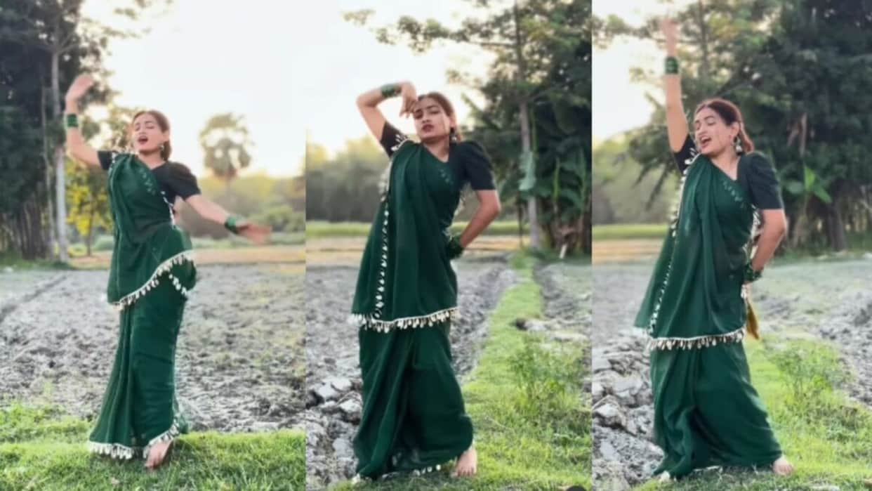 viral girl dancing on jhumka jhulaniya song in village people mesmerized with her expressions viral video