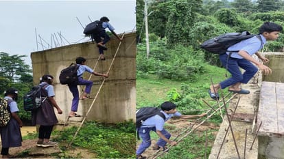 a swift river below, school bags above; children trudge to school via the stairs of an unfinished bridge