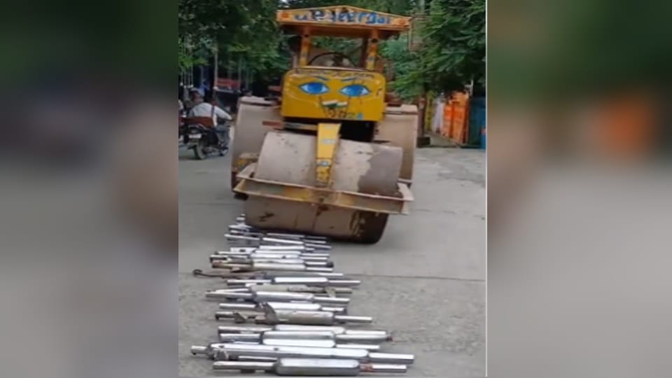 Bijnor Police Destroy 50+ Modified Bullet Silencers Using Road Roller