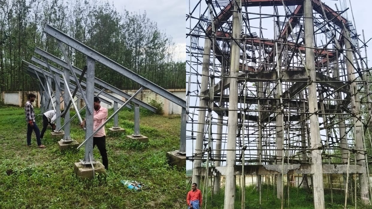 Jal Jeevan Mission water tank on the verge of collapsing into the Kichha River in Bareilly